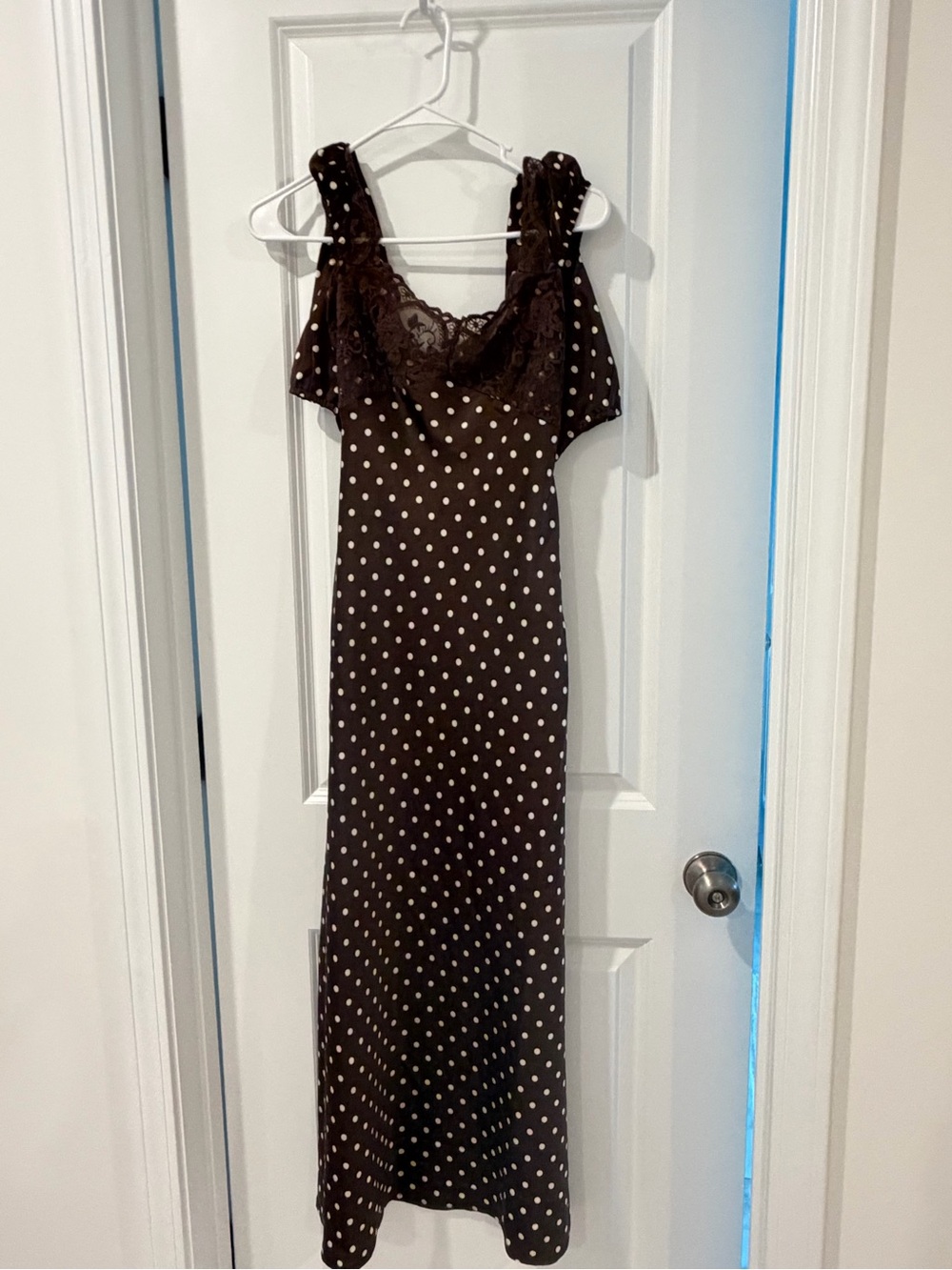 Brown Polka Dot Lace-Trim Maxi Dress